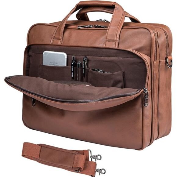 Leather Laptop Bag, Men's 15.6 Inches Messenger Briefcase Satchel - Picture 1 of 7